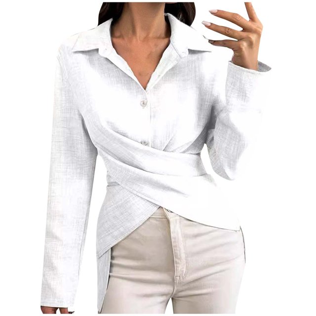 Timegard Womens Long Sleeve Tops Button Irregular Hem V Neck Shirts Casual Solid Color Dress Blouses