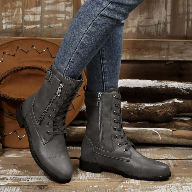 Styesk Bottes pour Femmes Bottes pour Femmes Mode Décontractée Bout Rond Mi-Mollet Couleur Unie Style Printemps et Automne Bottes à Fermeture Éclair Latérale Bottes de Travail pour Femmes