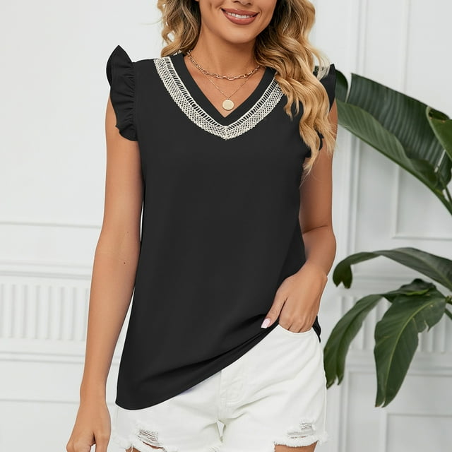 Blusa de gasa con escote en V para mujer, blusas de encaje con escote en V para mujer, blusas de manga corta con volantes para mujer, blusas para mujer, claridad notable