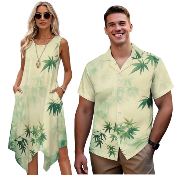 Uorisanigo Green Leaf Couples' Outfits Husban and Wife Clothing Short Sleeve Shirt for Men Fashion Hawaiian Tops and Women's Tank Dress Flowy Beach Vacation Sundress