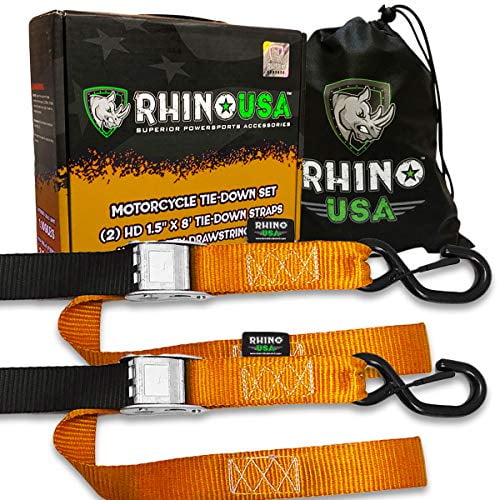 RHINO USA Motorcycle Tie Down Straps (2 Pack) Lab Tested 3,328lb Break Strength, Steel Cambuckle Tiedown Set with Integrated S