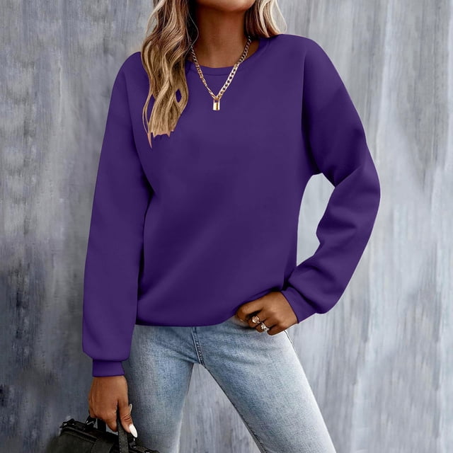 Ounisa Chandails à Manches Longues pour Femmes, Décontractés, Couleur Unie, Mignons, Col Ras du Cou, Chandails Molletonnés, Chandail, Chemises d'Automne
