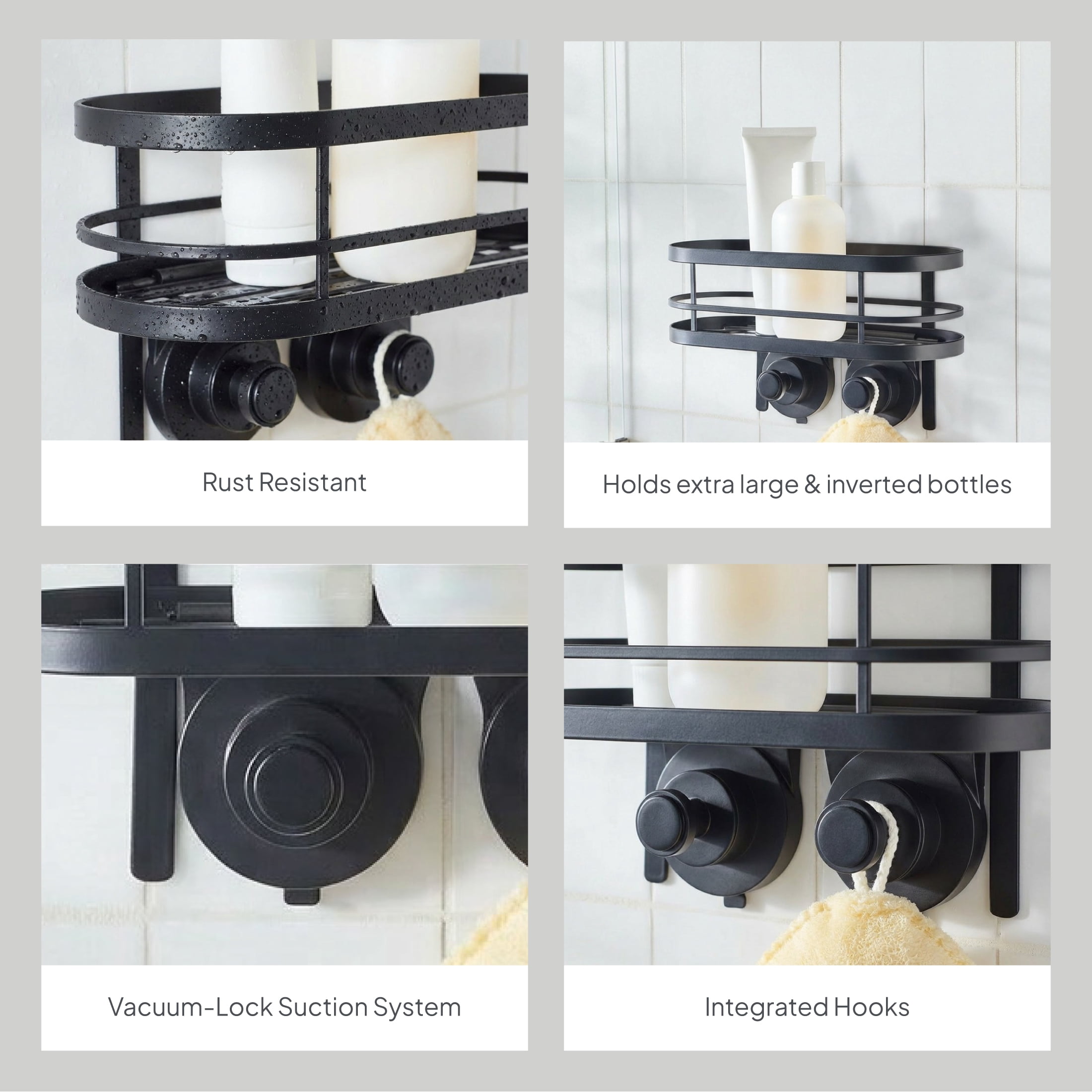 Better Homes & Gardens StyleGrip™ Suction Mount Shower Caddy with Hooks, Matte Black
