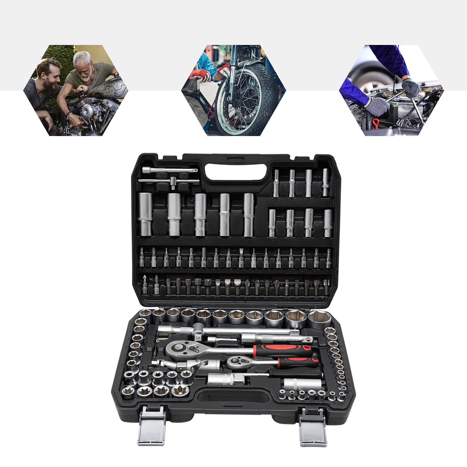 Ratchet Wrench 108Pcs Mechanical Tools Kit Metric 1/4 And 1/2 Drive Socket Set, Carbon Steel, #45 Steel, PP
