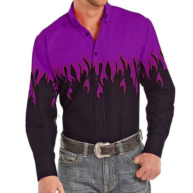 Camisa occidental para hombre con solapa de llama para exteriores, calle, manga larga, botones estampados, ropa de diseñador de moda, informal, suave