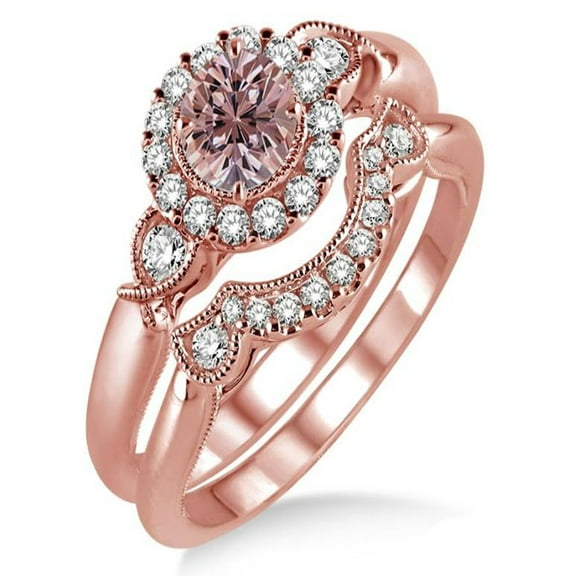 1.25 Carat Morganite & Diamond Antique Three Stone Flower Halo Bridal Set on 10k Rose Gold