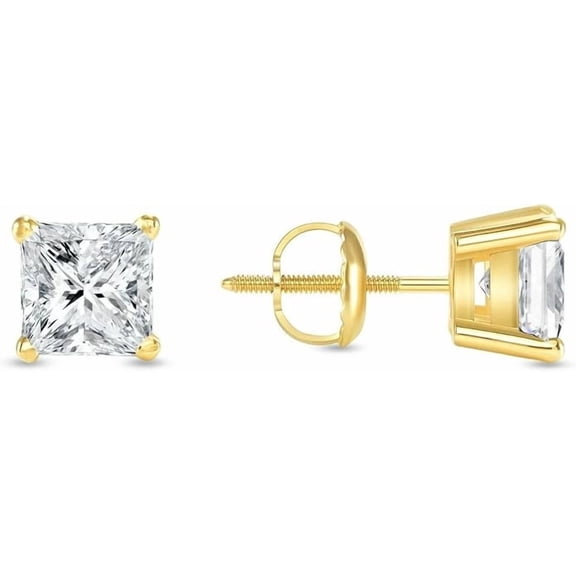 1.5 Ct Princess Cut Moissanite Diamond Stud Earrings | 925 Sterling Silver Yellow Gold Finish | Unisex Earrings for Men & Women