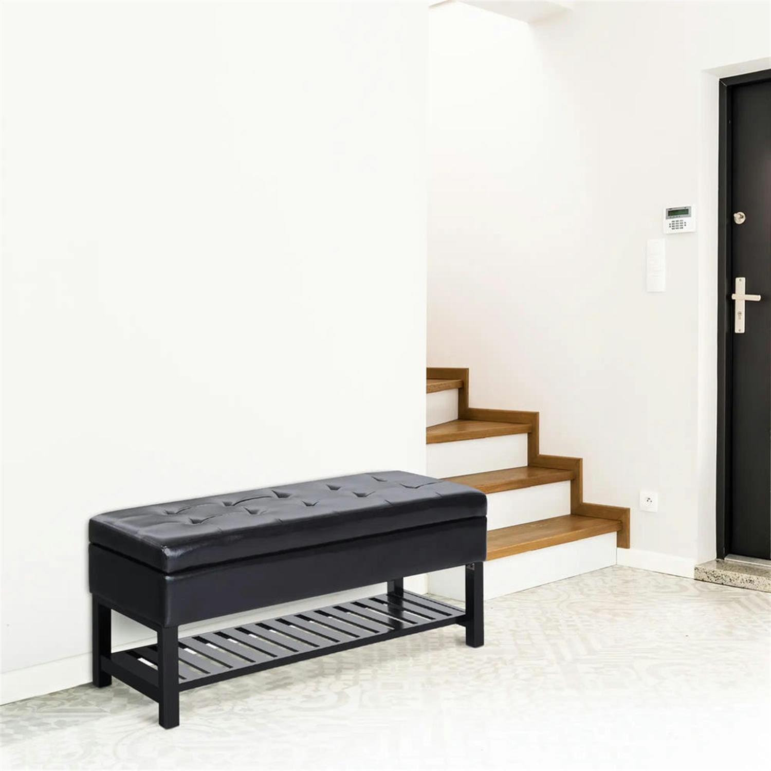 Demi Bonn Modern Storage Ottoman Bench with Shoe Rack, 44" Tufted Faux Leather, Space-Saving Footrest, Sturdy Bench, Black