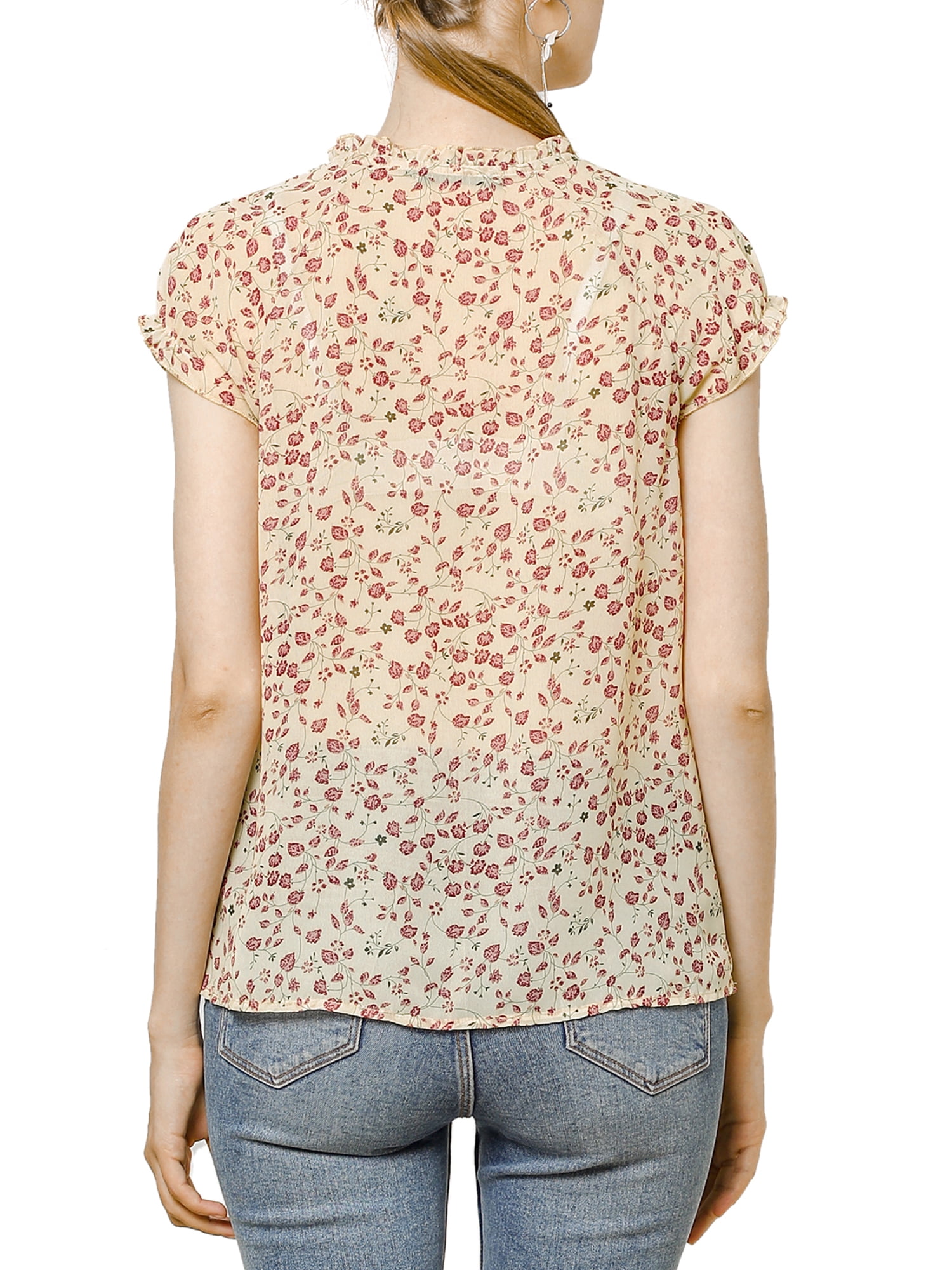 DARING DIVA Women's Ruffle V Neck Cap Sleeve Chiffon Floral Blouse Top XS Apricot