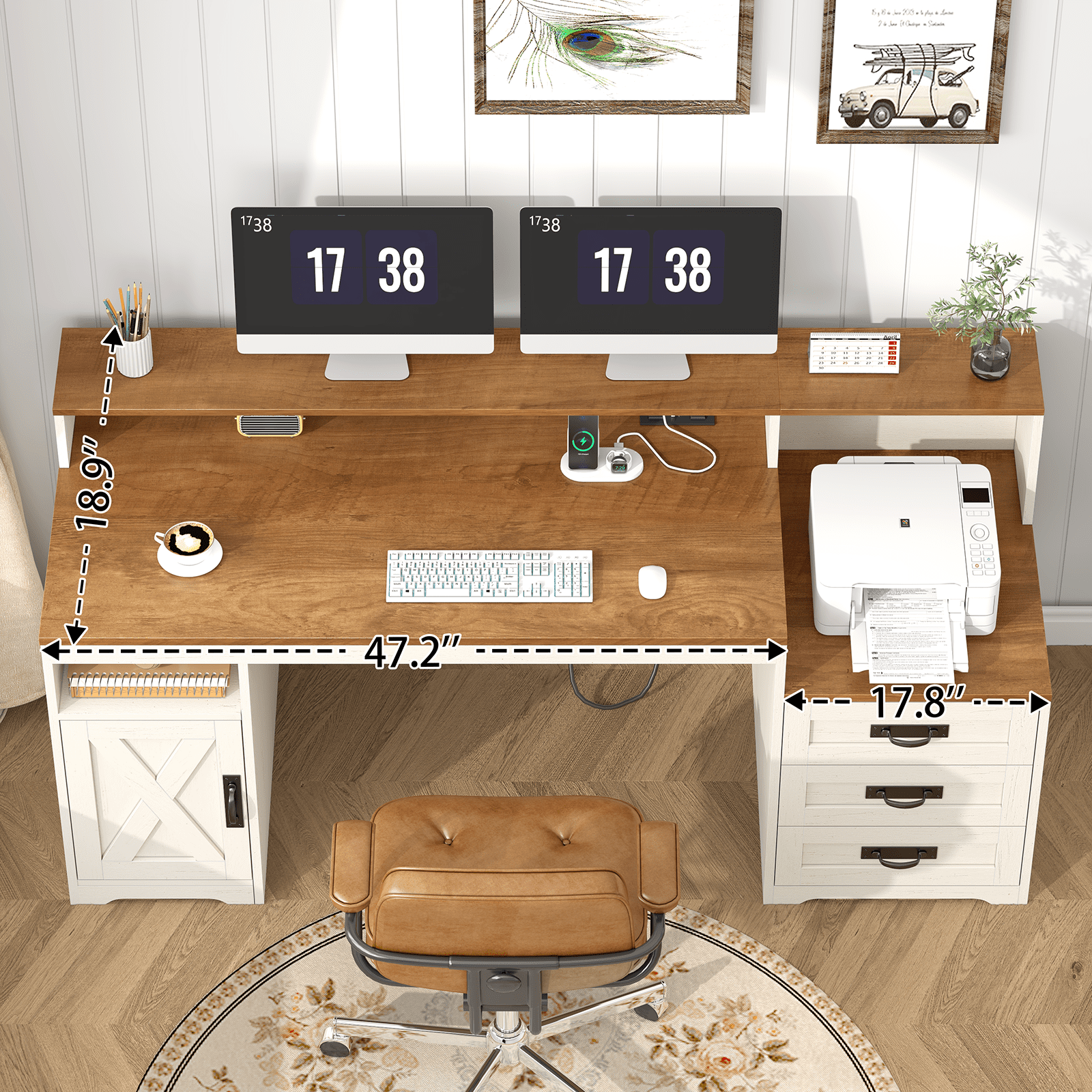 Farmhouse Computer Desk with Drawers, 65'' Home Office Desk with Power Outlets, Storage Cabinet and Printer Stand, Study Writing Desks with Long Monitor Stand, Brown and White