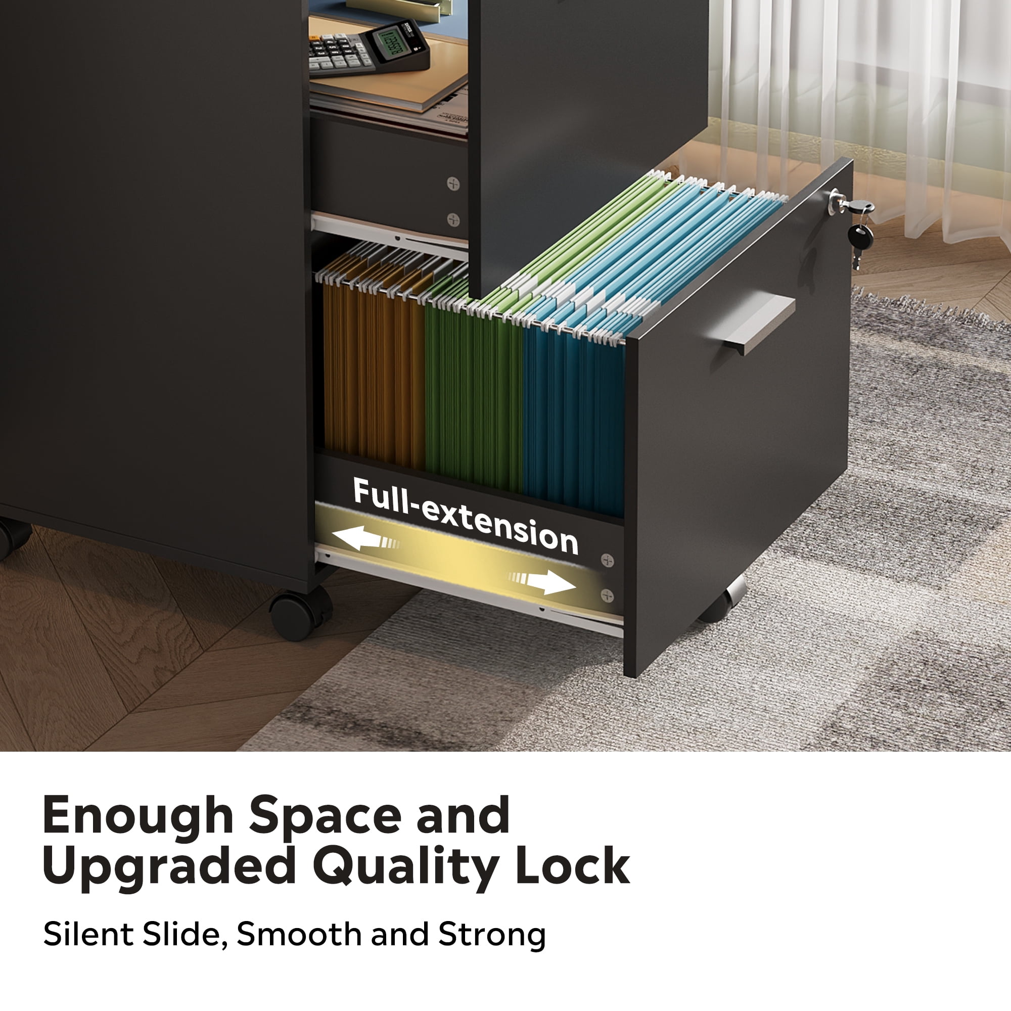 GALAXHERO 2 Drawer Filing Cabinet with Lock, Wooden Printer Stand with Storage for Home Office, Mobile Locking File Cabinet Fits Letter/A4 Hanging Files, Black
