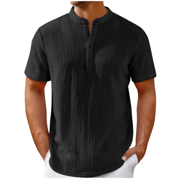 pstuiky camisetas camisas para hombre, Camisa de manga corta con cuello alto y botones, holgada, informal, de color liso y a la moda para hombre camisas casuales para hombre l