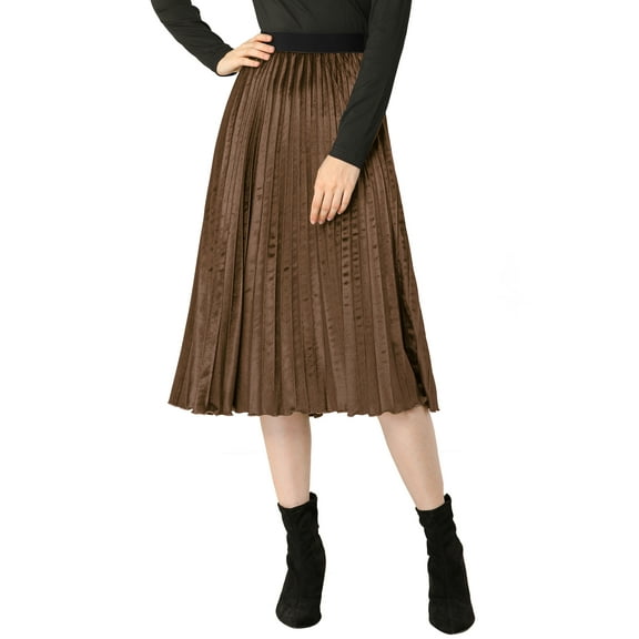 INSPIRE CHIC Women's High Elastic Waist Swing Flare Hem Velvet Pleated Skirt XS Khaki
