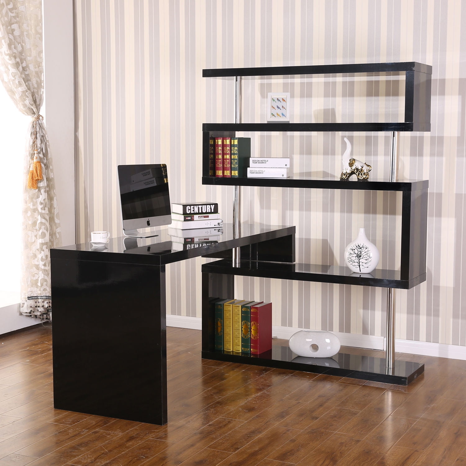 Rotating Home Office Corner Desk And Storage Shelf Combo