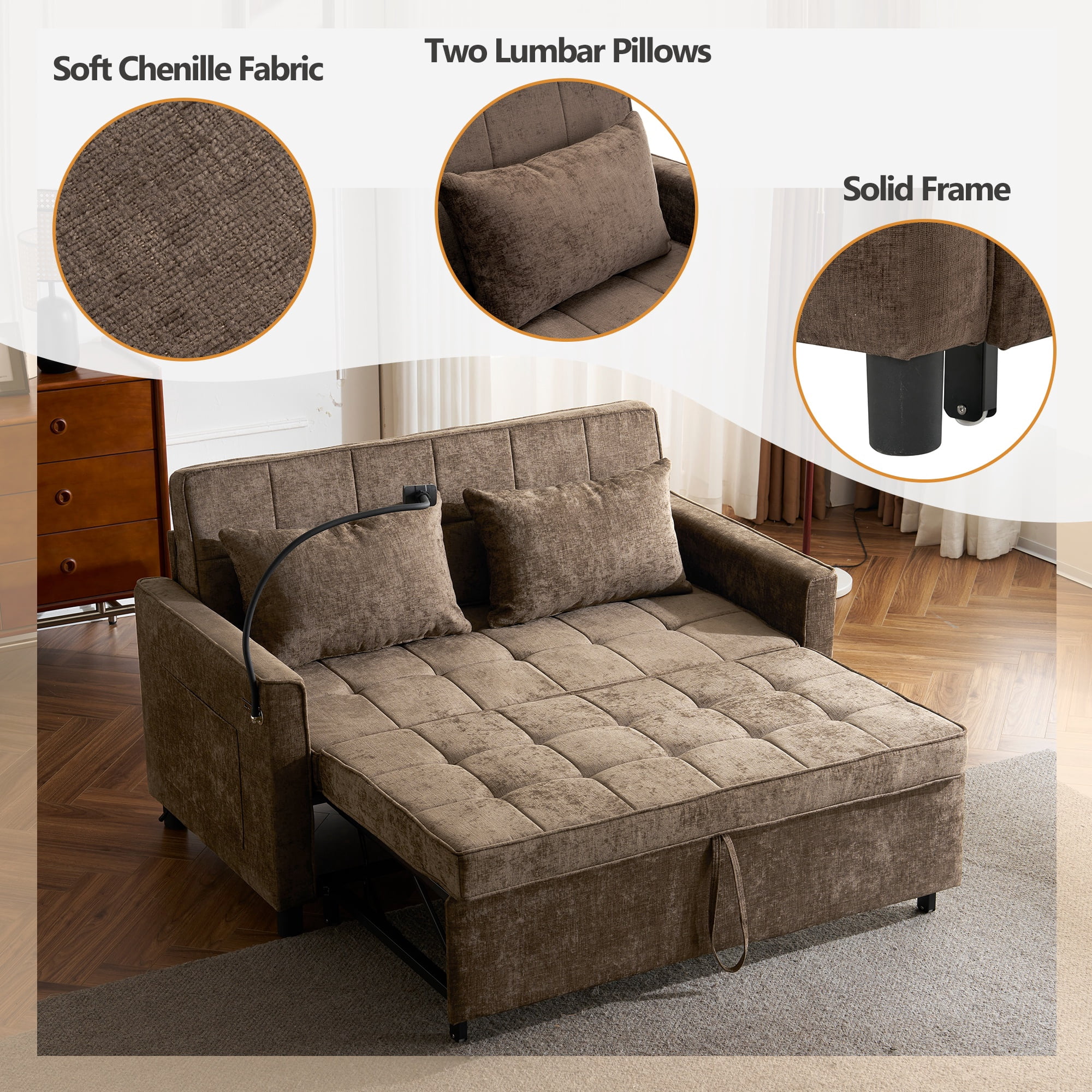 BTMWAY 3 in 1 Convertible Sleeper Sofa Couch with Pullout Bed, 59" Loveseat Sleeper Bed with Backrest Cushion, Side Pockets, 4 USB Ports & Phone Holder, Futon Couches for Living Room, Brown