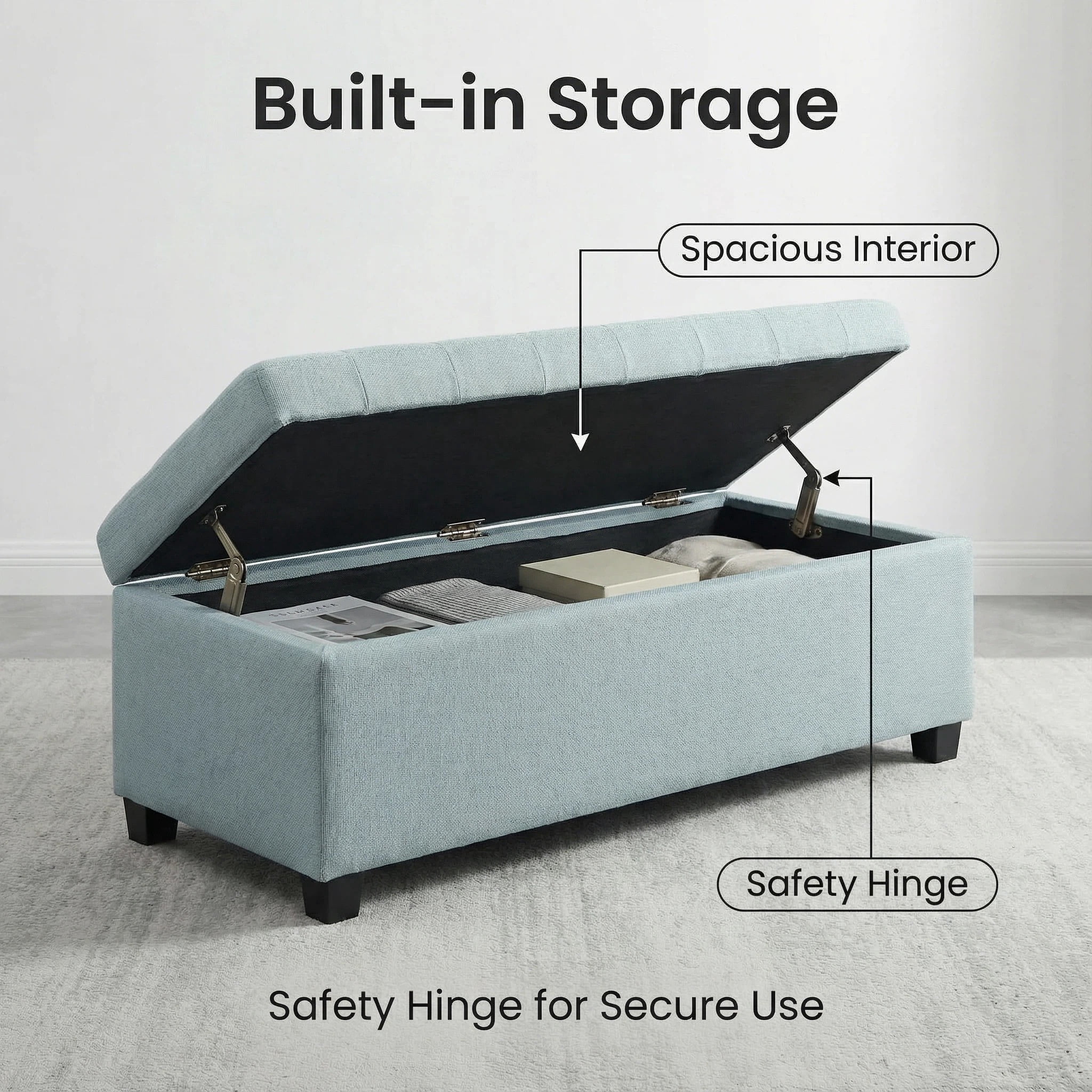 Storage Ottoman Bench, Tufted Ottoman, Bench with Safety Hinges and Wooden Legs, Solid Wood Frame for Bedroom, Living Room, Entryway, 49.75 Inch Wide, Baby Blue