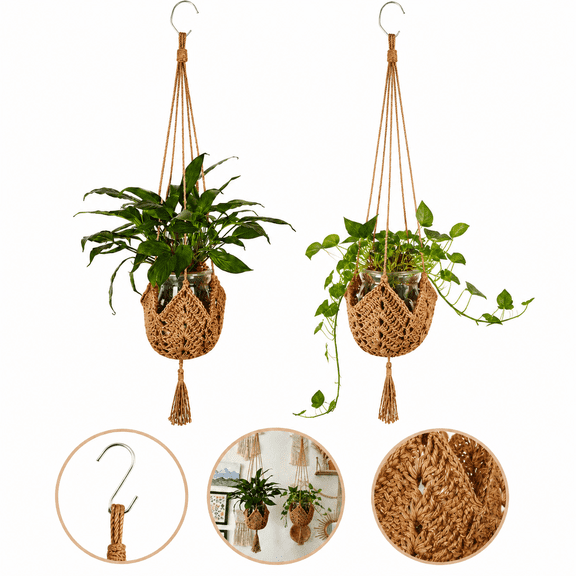 Hanging Planter, 2 Pack Macrame Plant Hanger, Boho Hanging Baskets for Plants Indoor, Brown Woven Plant Holder for Home Garden Decor