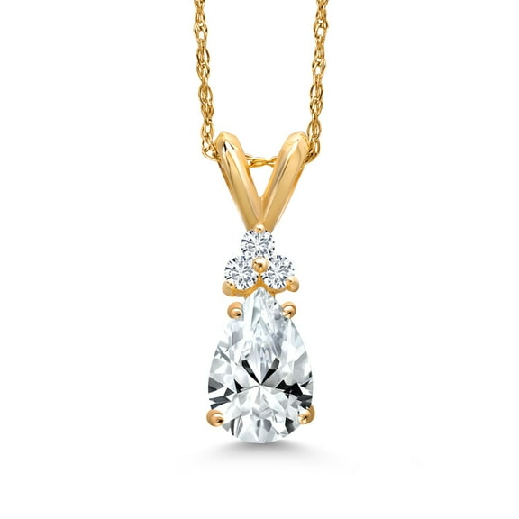 Gem Stone King 14K Yellow Gold White Created Sapphire and White Diamond Pendant Necklace for Women | 1.19 Cttw | Gemstone September Birthstone | Pear Shape 8X5MM | With 18 inch Chain