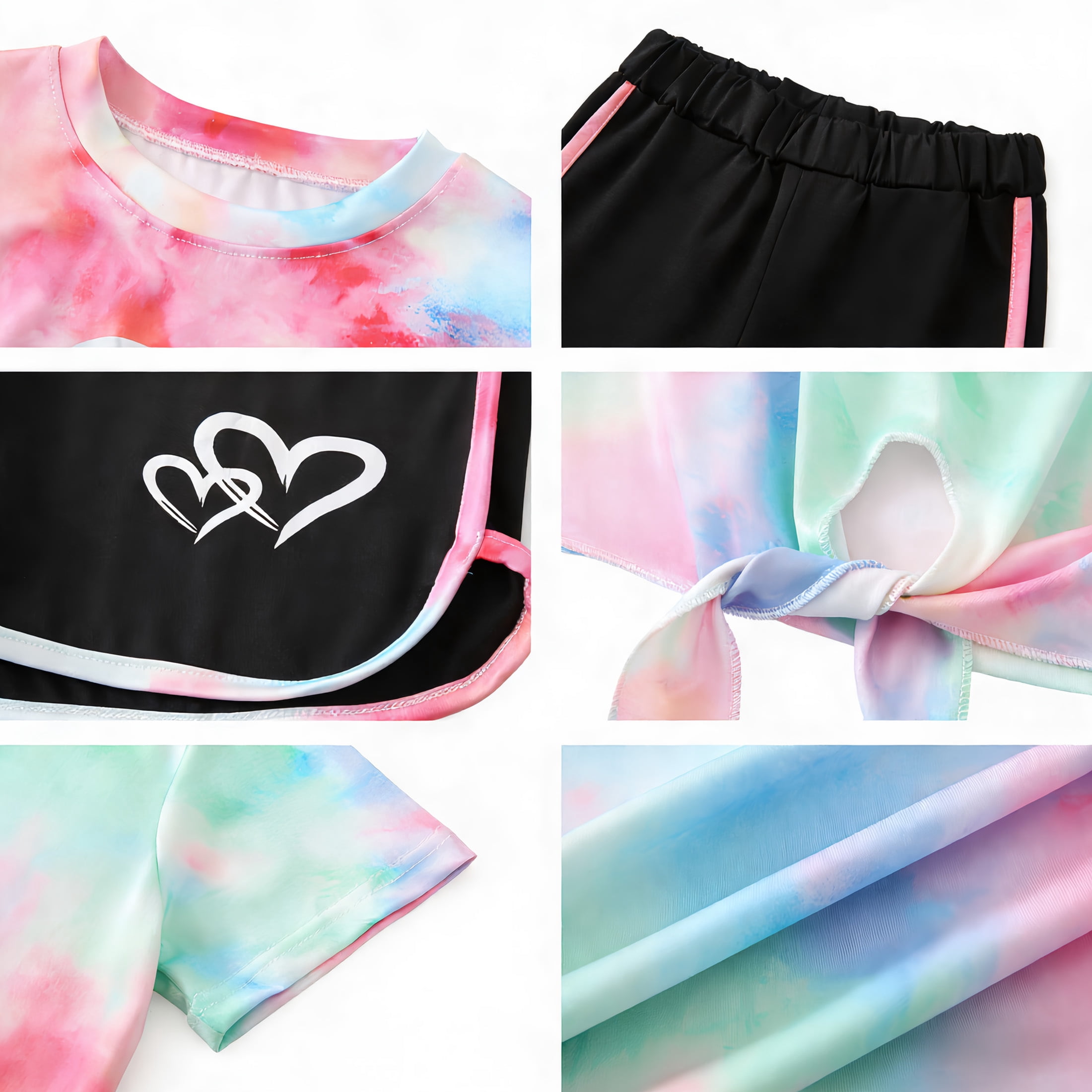 Jolyshlid Girls Summer Outfits 6 Piece Set Tie Dye Heart Print Short Sleeve Tops and Shorts Set Casual Clothing for Kids,Colorful Blue Red,13-14 Years