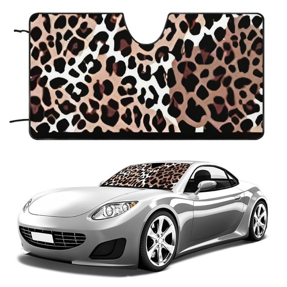 Qinduosi Auto Windshield Sunshade UV Reflecting Foldable Front Windshield Sun Shade Leopard Print Stylish Print Summer Front Window Visor Shade Easy Install 51x28in