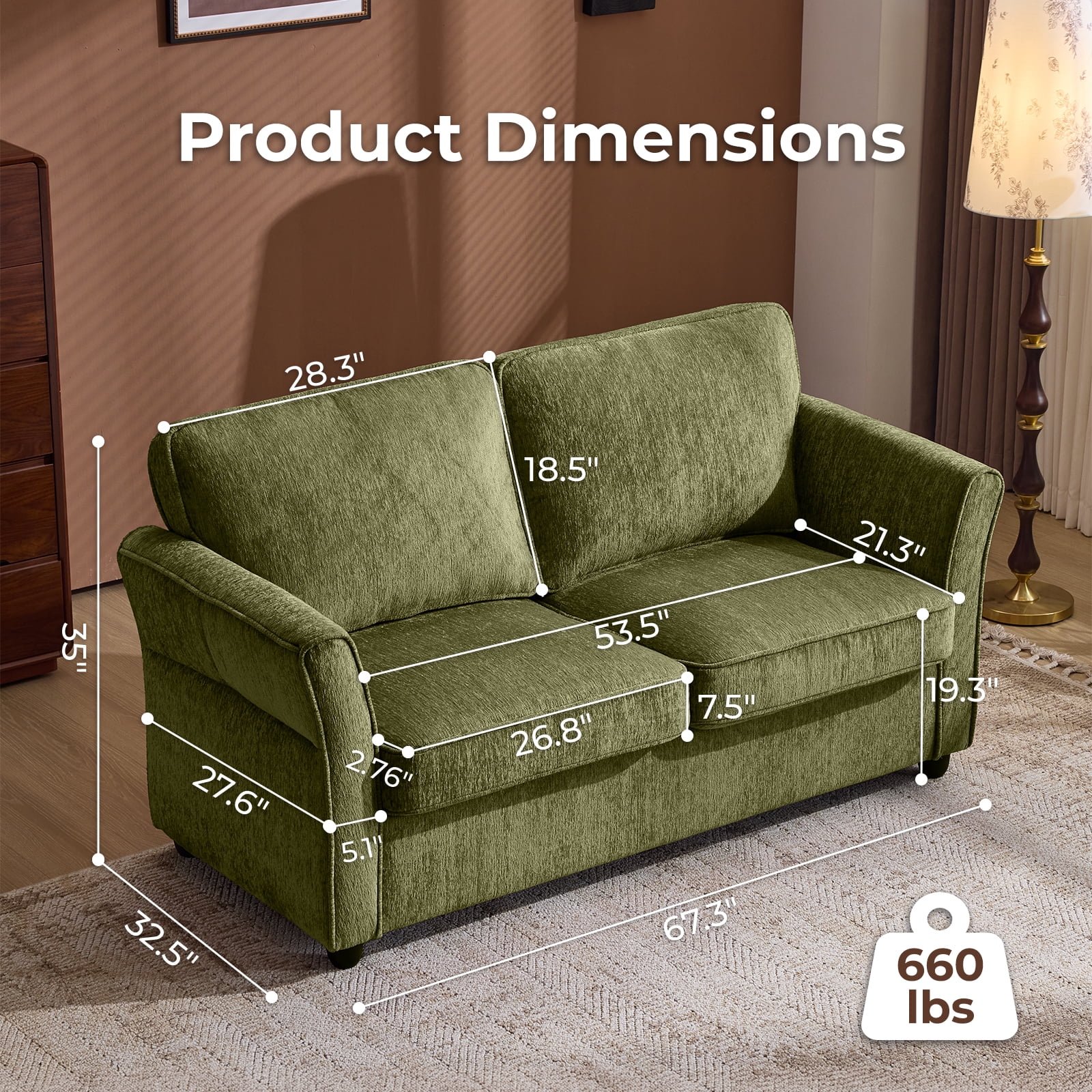 Ktaxon 68" Loveseat Sofa, 2-Seater Chenille Fabric Couch, Compact Sofa for Living Room, Bedroom, Apartment, Small Place Green