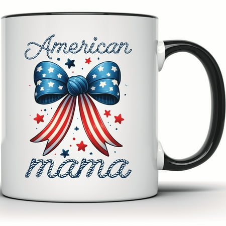 American Mama Mug - 4th of July Patriotic Coffee Cup - Red White Blue USA Gift for Her - Stars and Bow Design - 11 Ounce Black Rim Handle Novelty Coffee Cup - WMUG1674-BLK