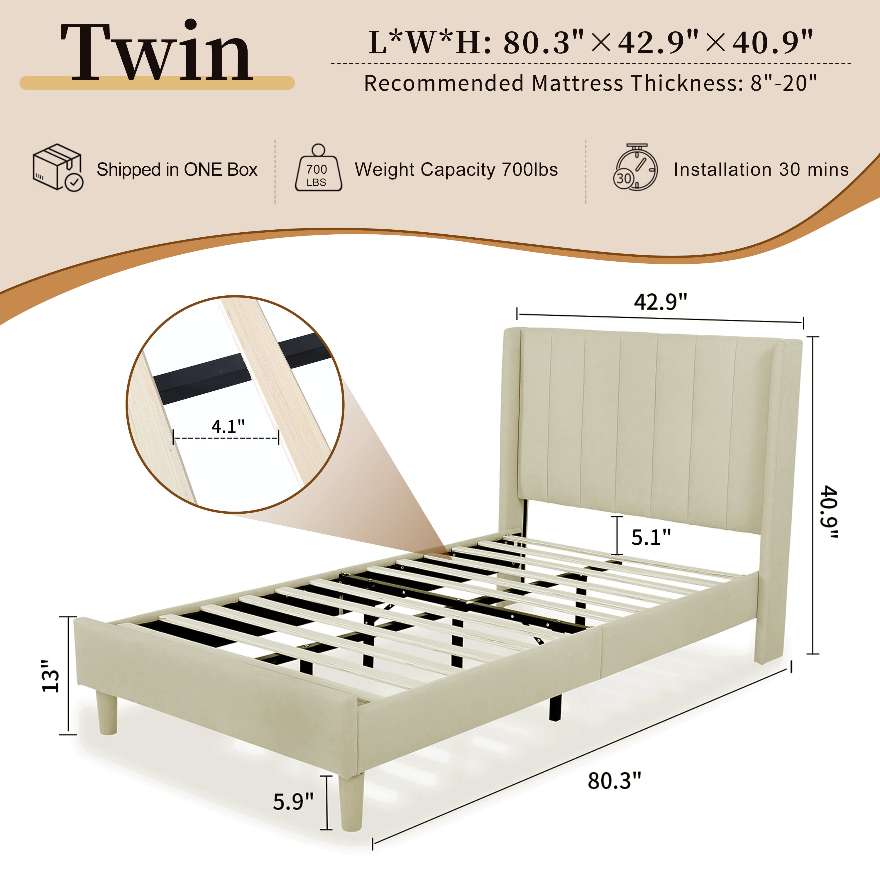 Twin Size Upholstered Bed Frame,40.9" High Headboard,Strong Metal Frame,Wooden Slats Support,No Box Spring Needed,Easy Assembly,Linen Fabric,Beige