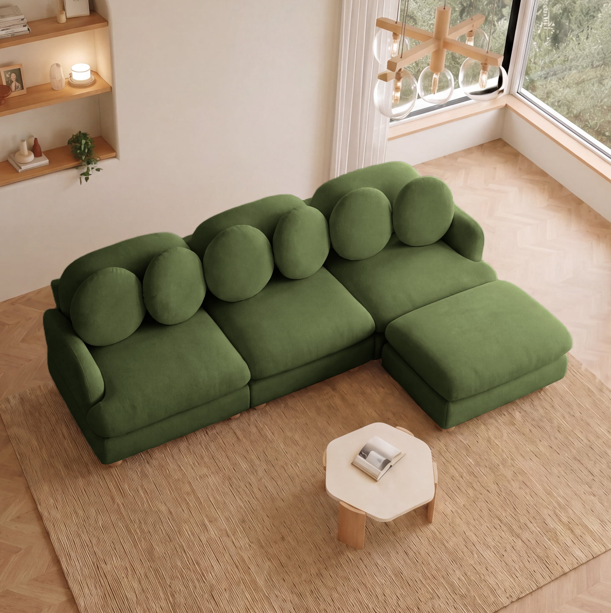95" L-shaped 4 Seater Comfy Chenille Modular Sectional Sofa Couch with 6 Throw Pillows and Ottoman