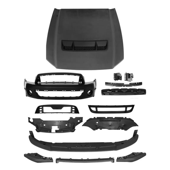 Ikon Motorsports Front Bumper Cover with Hood Compatible With 2010-2014 Ford Mustang, GT500 Style Bumper Conversion Shield with Upper Lower Grille Unpainted Black PP Lip Spoiler Splitter Deflector