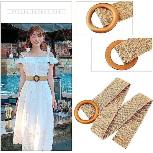 Cinturón Elástico De Paja Tejido (Caqui) Con Hebilla De Madera – Ligero Y Natural Para Vestidos Y Jeans
