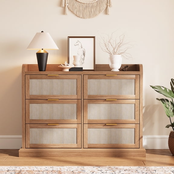Rattan Dresser for Bedroom, 47.2"x15.5"x49.5" Wide 6 Drawer Dresser with Ample Storage, Dressers Large Chest of Drawers, Closet, Boho TV Stand for Living Room