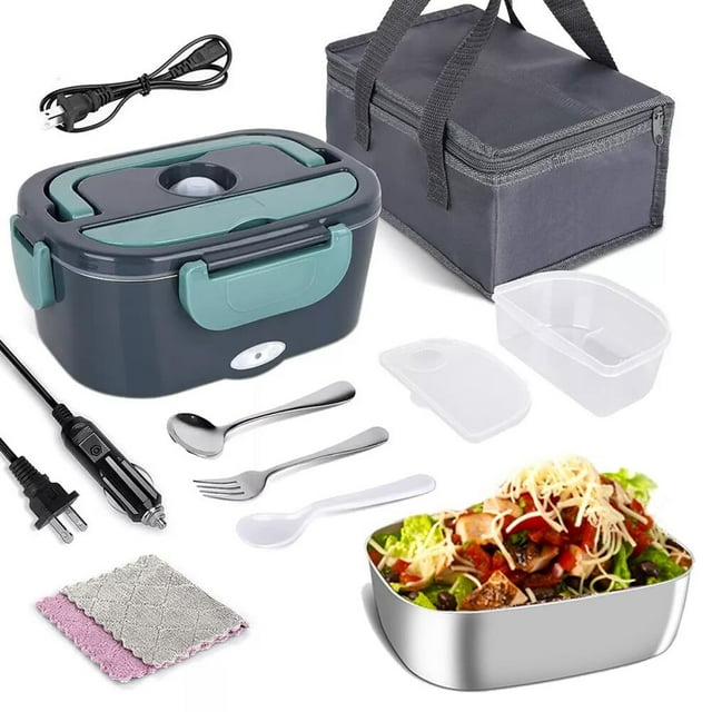 Lonchera Eléctrica Portátil, 3 en 1 Fiambrera portátil 1.5L Para Conservar Calor, Calentador de Alimentos, Caja de Almuerzo con Recipientes de Acero Inoxidable y Horquillas (verde, Grande)