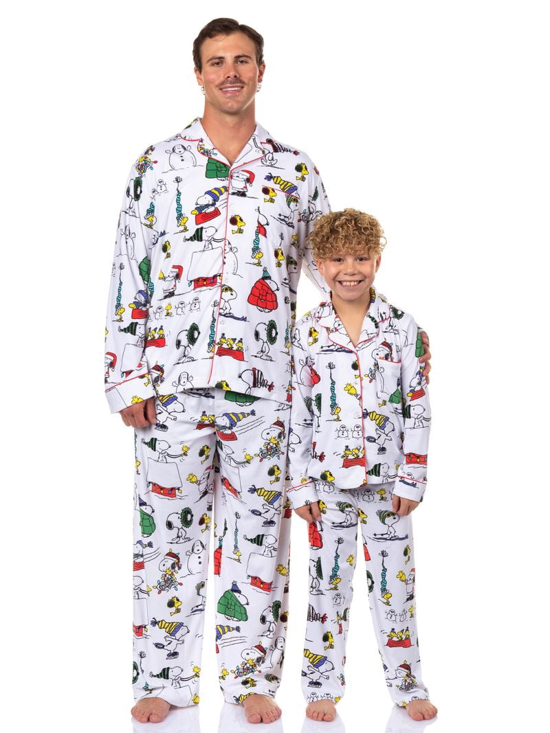 Peanuts Kids Unisex Snoopy Holiday Matching Family Notch Collar Velour Pajama Sets, 2-Piece, Sizes 4-16