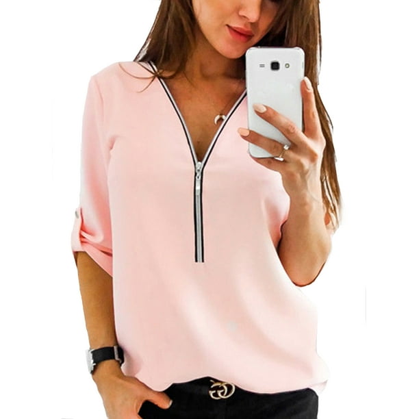 5XL Womens Plus Size T-shirts Casual Roll-Up Long Sleeve Tops Loose Blouses  Lady Zipper V Neck Shirt Oversized Baggy Top