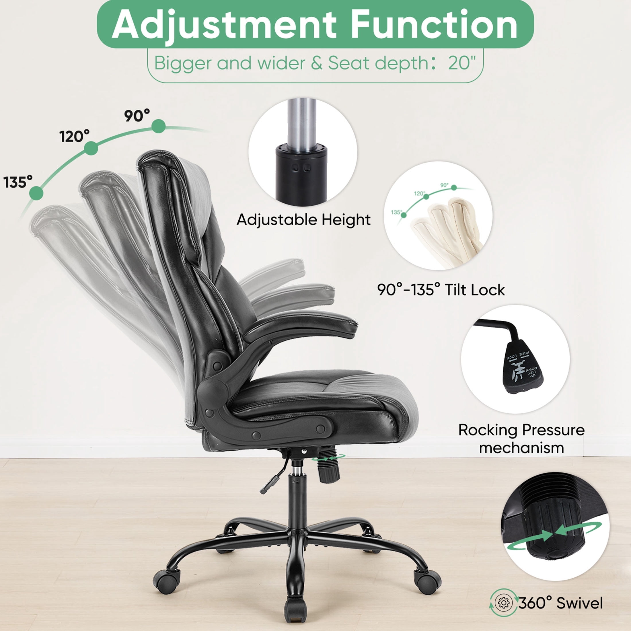 JOINSUN Home Office Chair, High Back Ergonomic Chair for Office with PU Leather, Adjustable Armrests and Wheels, Black