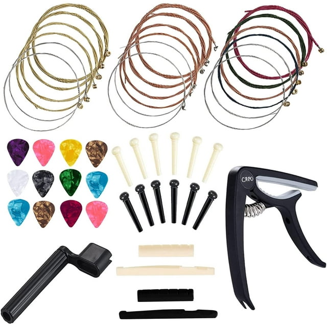 Acoustic Guitar Accessories Kit Guitar Strings Replacement Changing Tool Including Guitar Acoustic Strings, Picks, Capo, String Winder, Bridge Pins, Picks for Guitar Players Beginners (48 Pcs)