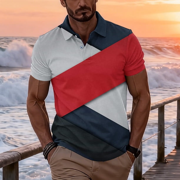 Ceisia Men's Summer Casual Diagonal Color Block Mesh Short Sleeve Lapel Shirt Multicolor L Gifts