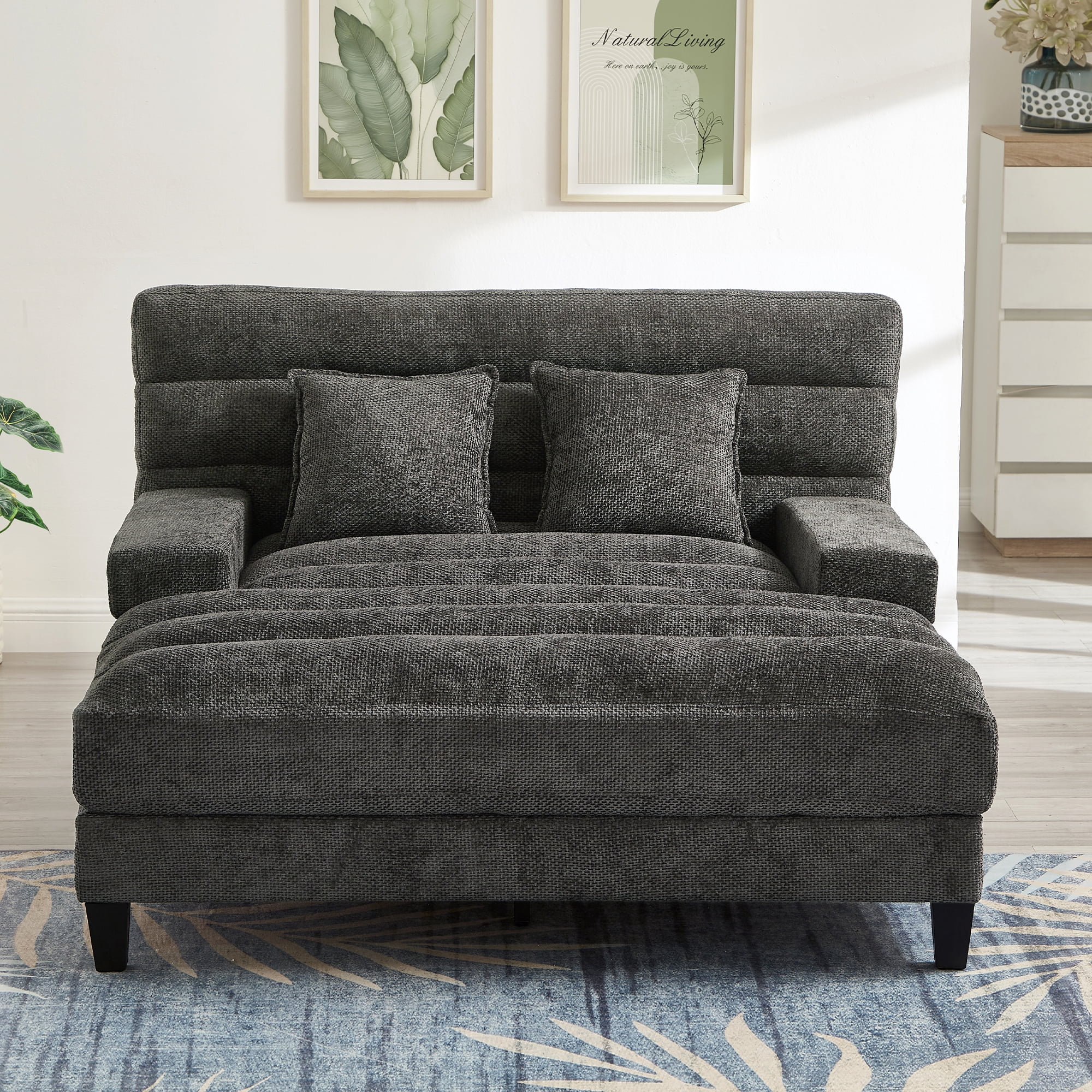 Euroco Modern Chaise Lounge Sofa 57.1" Sofa Bed Chenille Upholstered Lounge Sofa Chair with Adjustable Backrest and LED Light Strip for Living Room, Grey