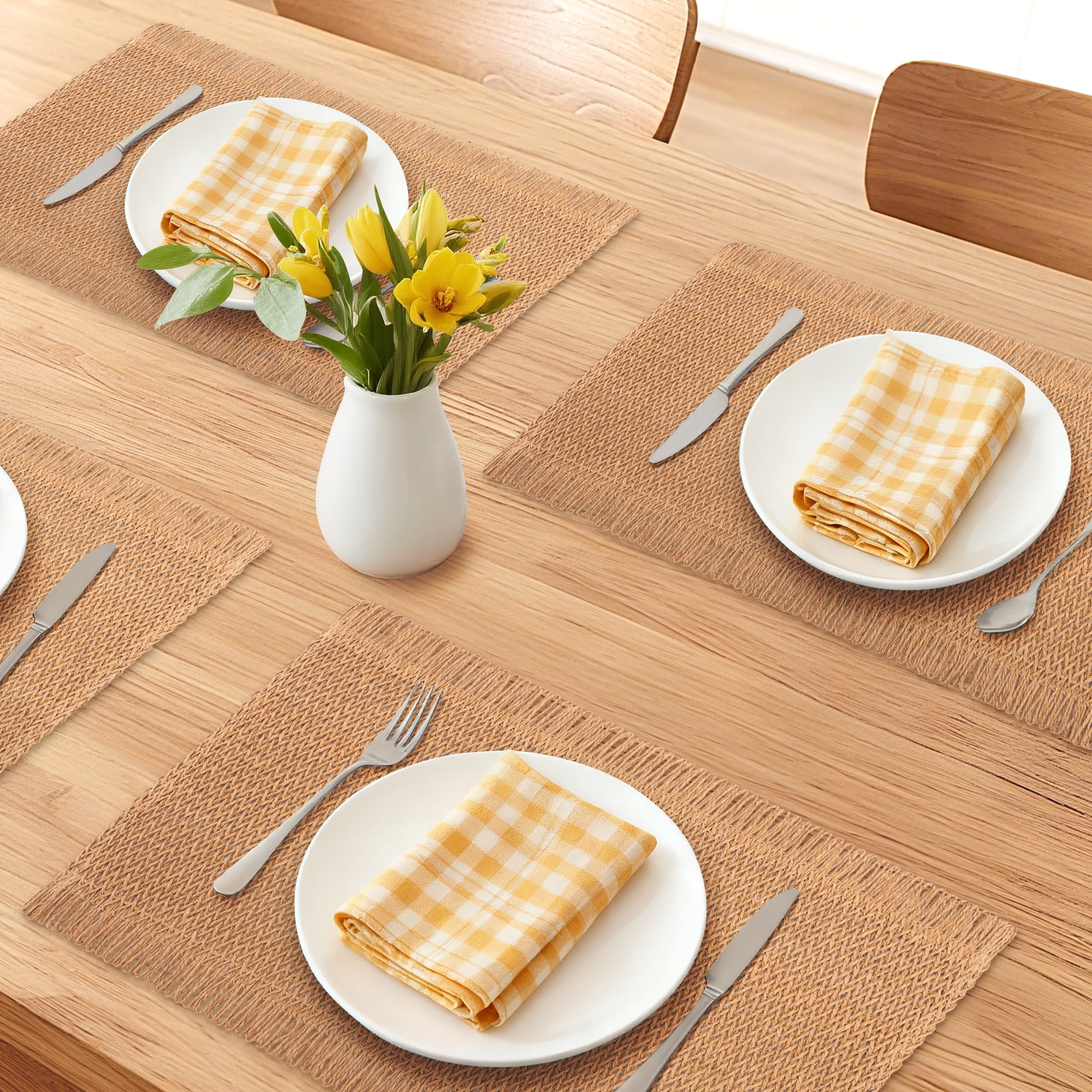 Unique Bargains 6pcs Woven Placemats with Tassels Brown 17.7"x11.8"