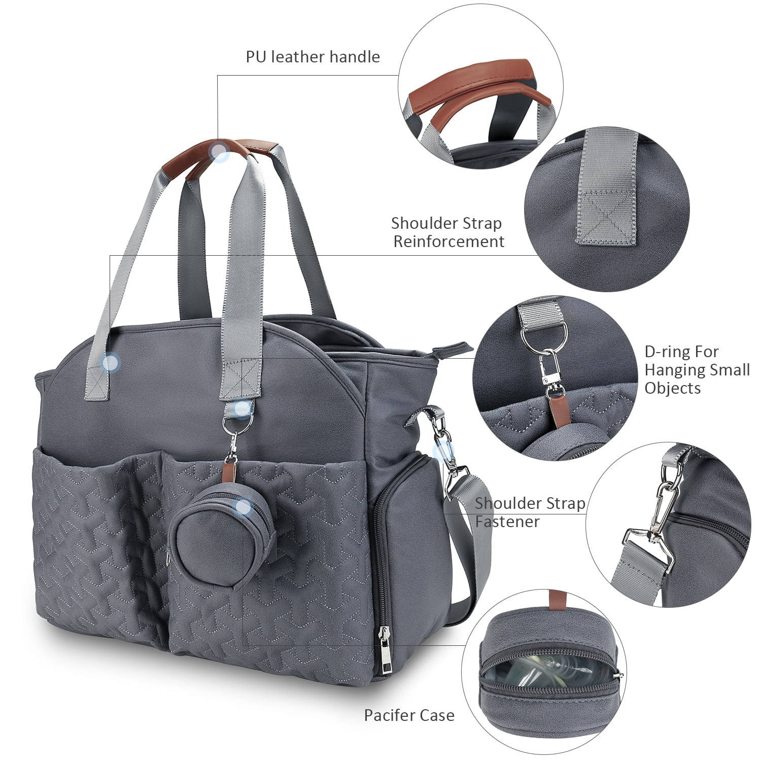 SPEKSEE Diaper Bag Tote with Pacifier Holder Case for Mom and Dad, Multi-Function Travel Diaper Bag with Adjustable Shoulder Strap and Insulated Pockets