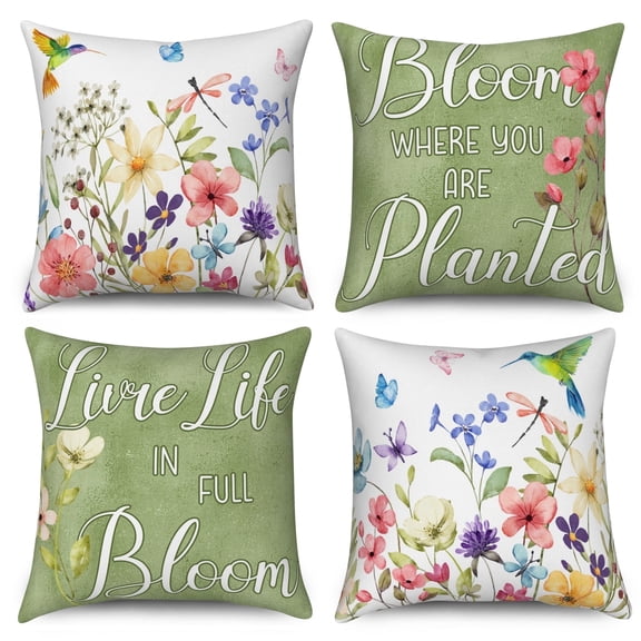 DaShan Spring Summer Green Floral Throw Pillow Covers 18x18 Set of 4,Flowers and Birds Decorative Pillow Cases for Bedroom Sofa Couc