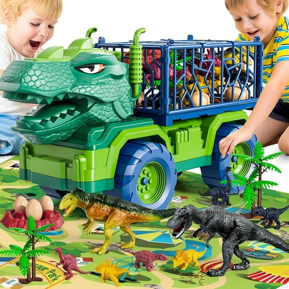 Dinosaur Truck Toys for Kids 3-5 Years, Tyrannosaurus Transport Car Carrier Truck with Dinosaur Figures, Activity Play Mat, Dinosaur Eggs, Trees, Capture Jurassic Play Set for Boys and Girls