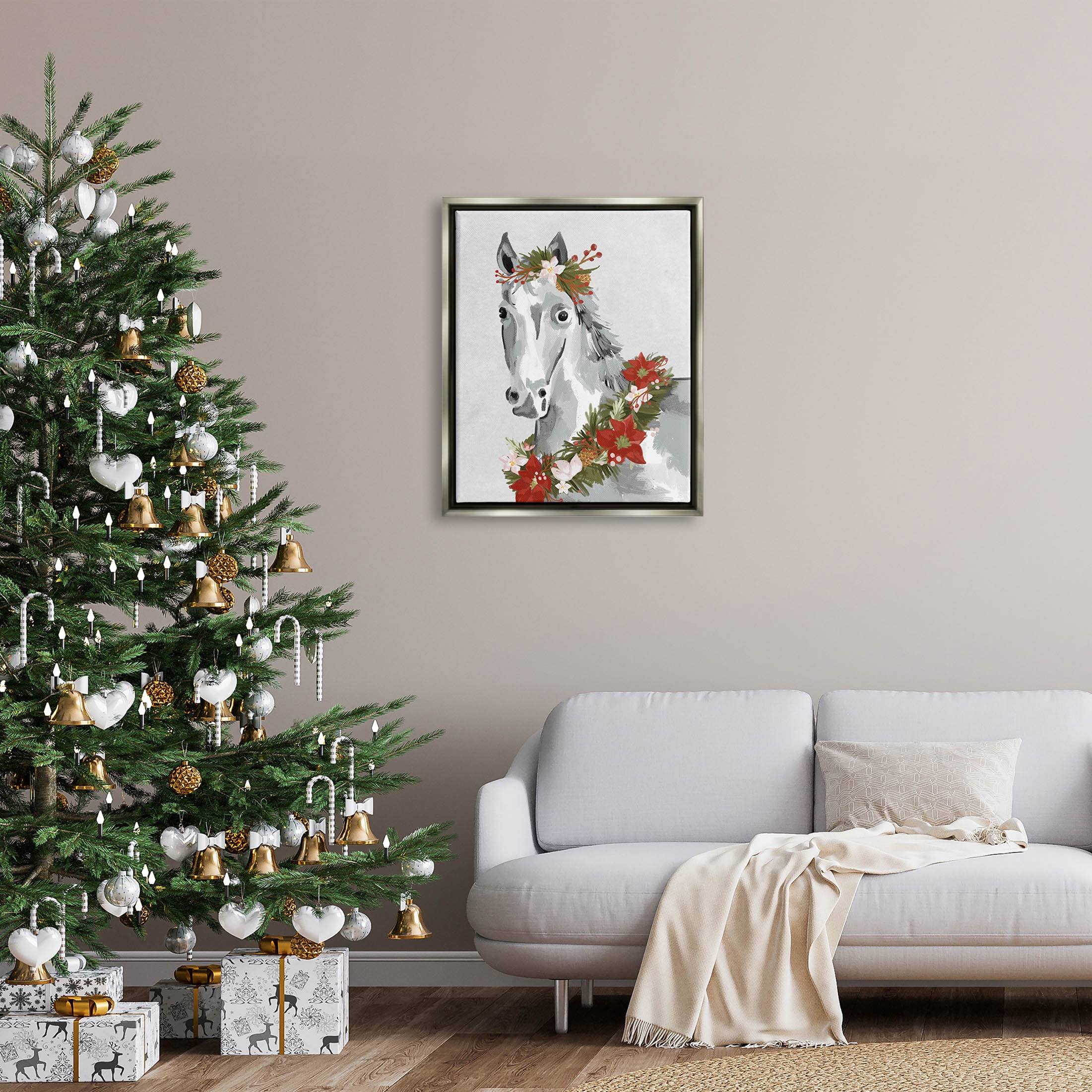 Stupell Industries Festive Holiday Horse Holly Wreath Graphic Art Luster Gray Floating Framed Canvas Print Wall Art, Design by Laura Konyndyk