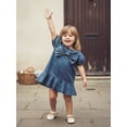 thumbnail image 5 of BemeyourBBs Toddler Baby Girl Denim Dress Puff Short Sleeve Front Bow Summer Princess Dress Cute Ruffle Square Neck A-line Party Jean Dress Clothes, 5 of 9