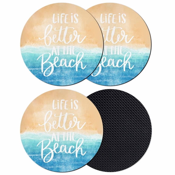 Blue Coastal Coasters Set of 4, Life Is Better At The Beach Beach Absorbent Coasters for Drinks, Coaster for Bar Office Dining Coffee Table Accessories Decor, Non Slip Round Desk Coaster
