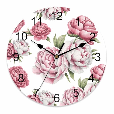 Wall Clock 12 Inch Pink Rose Vintage Floral Round Silent Decorative Wall Clocks Battery Operated for Living Room Bedroom Kitchen Classroom Decor, Watercolor Flower Pattern,Large