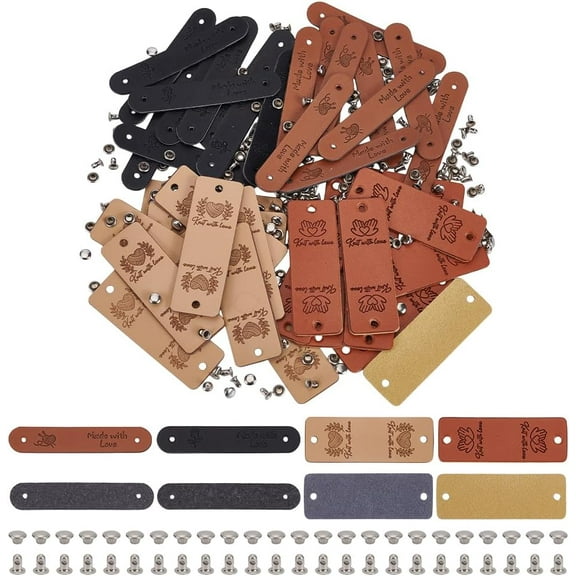 40 Sets PU Leather Label Handmade Tag with Rivets 4 Styles PU Leather Clothing Labels with Hole Oval Rectangle Shape Handmade Leather Tag for Sewing Clothing Labels for DIY Decoration diy