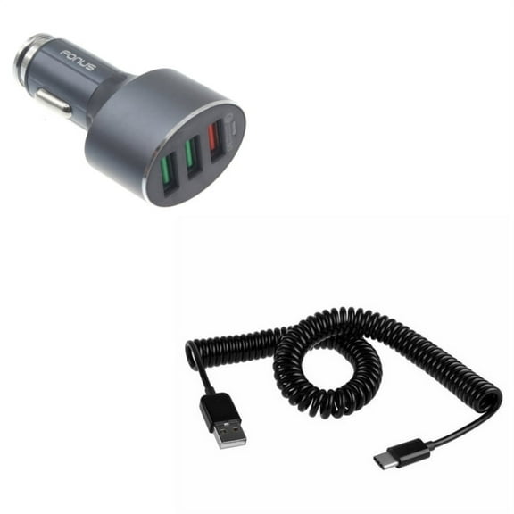 Coiled USB Cable w 42W Quick Car Charger for OnePlus 9, Nord N200 5G/N100/N10 5G, Pro Phone - Type-C Charger Cord, 3-Port USB Power Adapter G1A for OnePlus 9, Nord N200 5G/N100/N10 5G, Pro