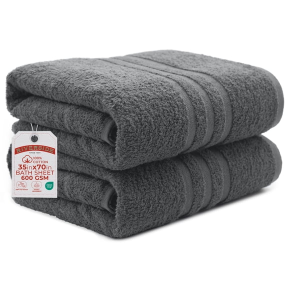 RIVERSIDE 2 Pack Luxury Bath Sheets 35×70 Soft Quick Dry Extra Large Cotton Towels 600 GSM Hotel Quality Spa - Gray