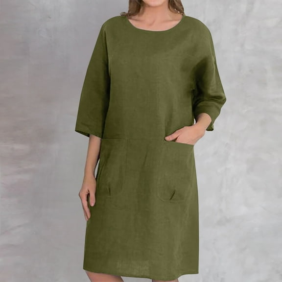 USSUMA Spring Dresses for Women 2025 Women'S Casual Dresses Short Sleeve Crew Neck Casual Solid Color Hoodie Maxi Dress Elegant Dresses Comfortable Skirts Travel Army Green Dress Size-L
